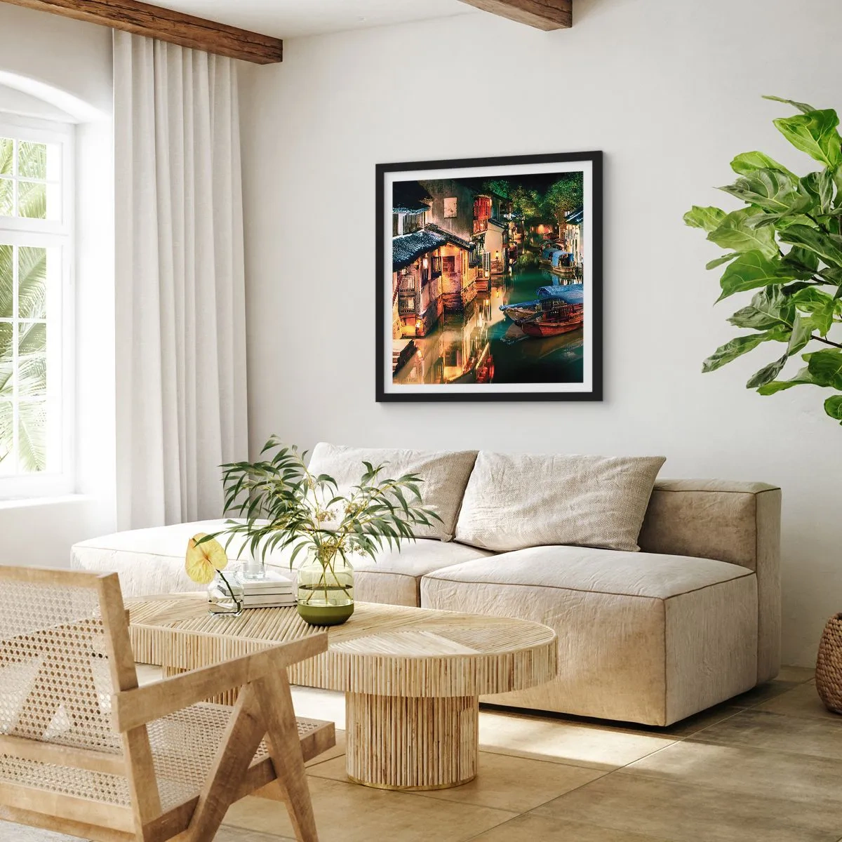 Plagát v čiernom ráme - Večer na čínskej ulici - 60x60 cm