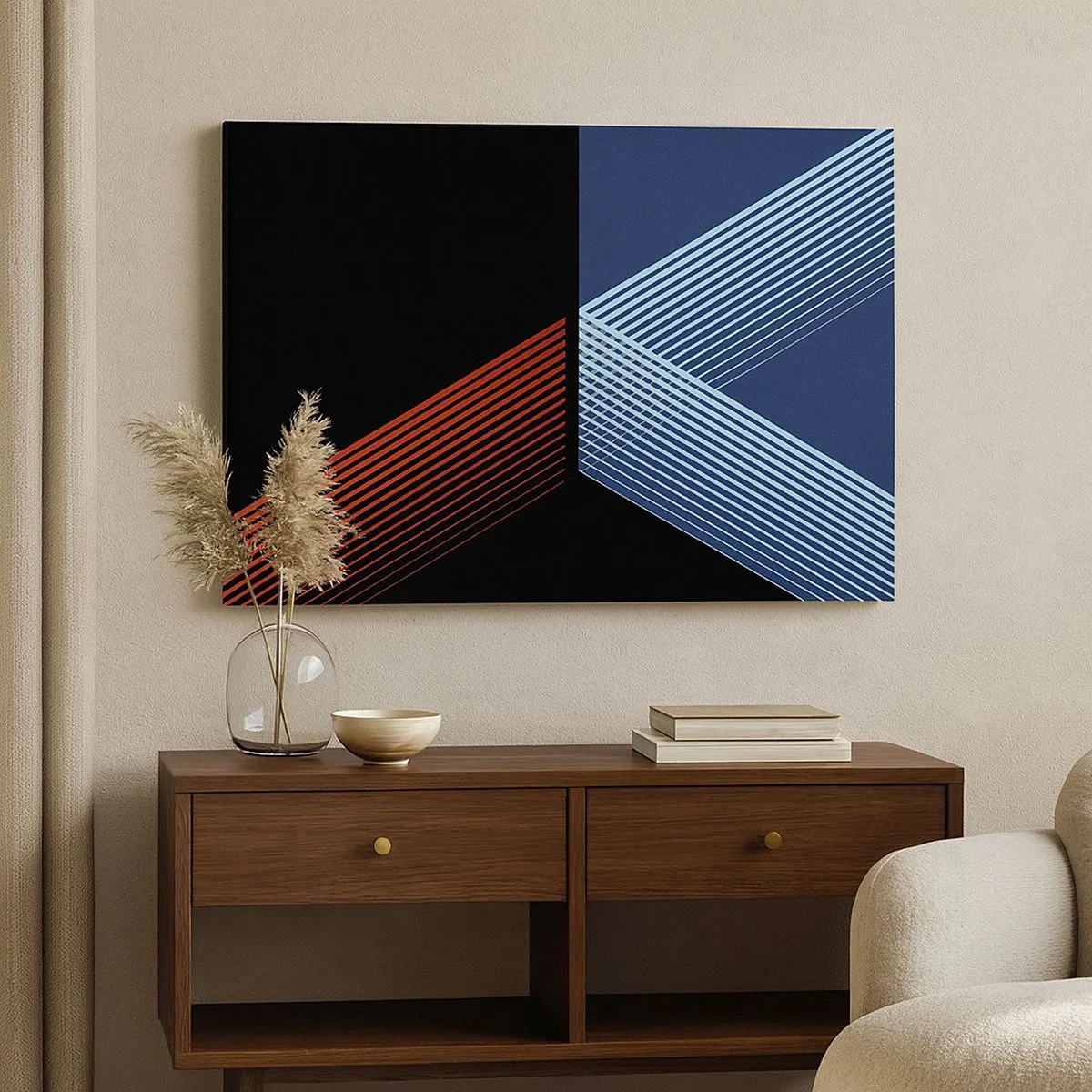 Obraz na plátne - Geometrické čiary v odtieňoch červenej a modrej - 70x50cm - Jednoduchý príbeh - Moderná nástenná dekorácia do obývacej izby a spálne ARTTOR