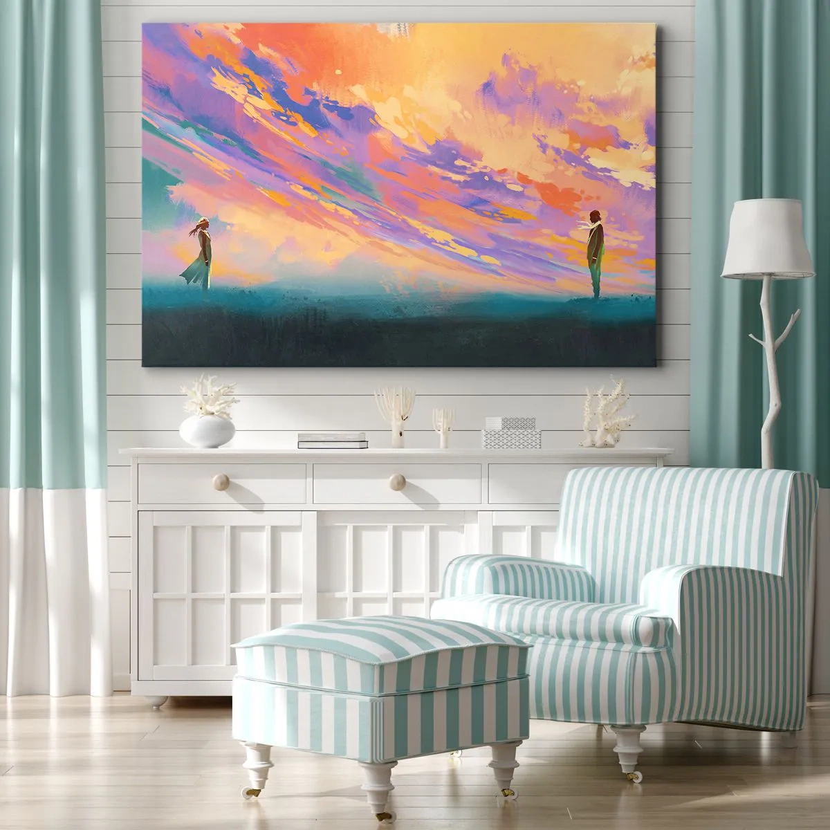 Obraz na plátne - Dynamická scéna s postavami na pozadí farebnej oblohy pri západe slnka - 70x50cm - Sila príťažlivosti - Moderná nástenná dekorácia do obývacej izby a spálne ARTTOR