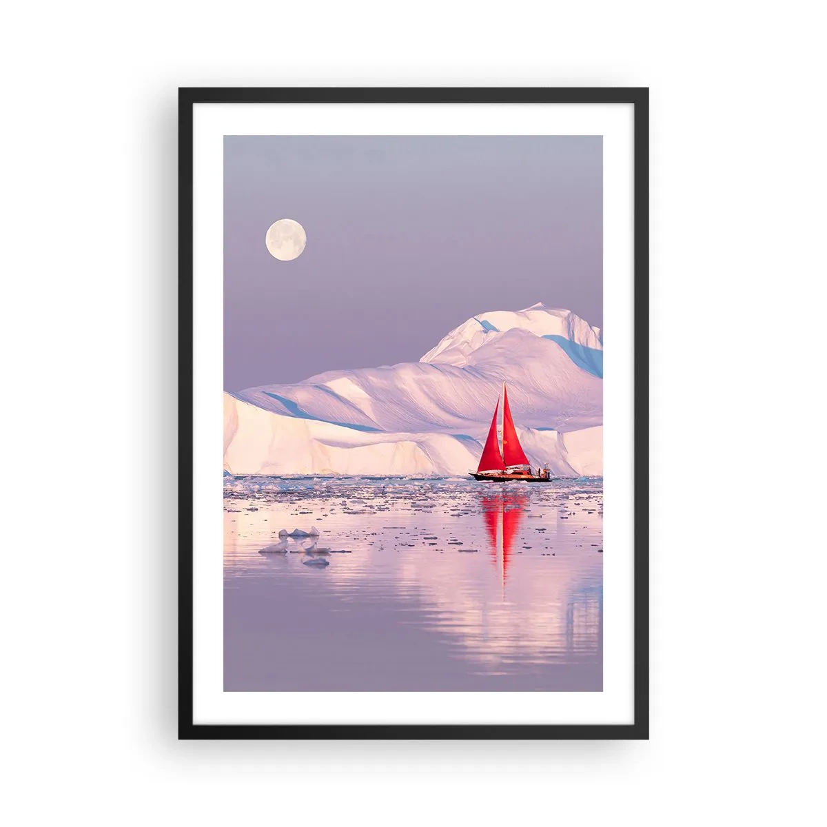 Plagát v čiernom ráme - Červená plachta na pozadí ľadovcov za splnu - 50x70cm - Žiar plachty, chlad ľadu - Moderná nástenná dekorácia do obývacej izby a spálne ARTTOR
