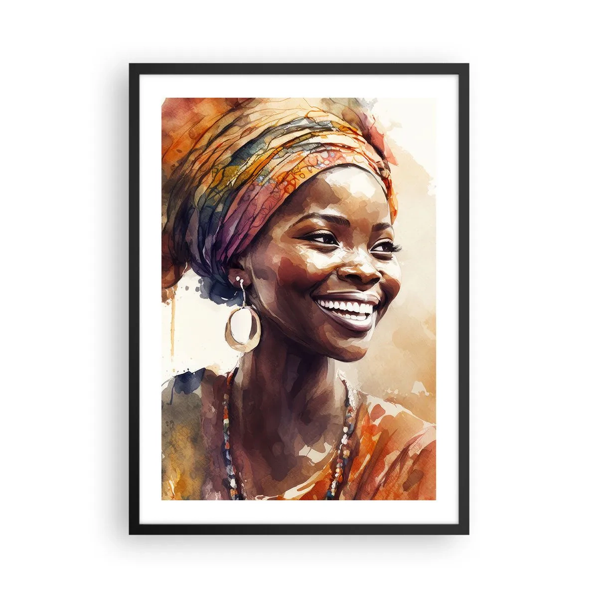 Plagát v čiernom ráme - Portrét usmievavej ženy v farebnom turbane - 50x70cm - Africká kráľovná - Moderná nástenná dekorácia do obývacej izby a spálne ARTTOR