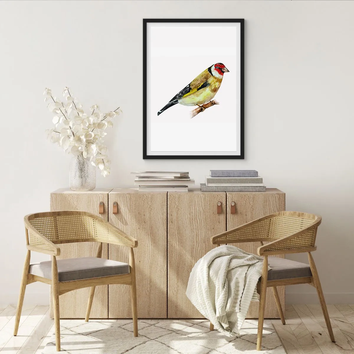 Plagát v čiernom ráme - Stehlík na konári v akvarelovom štýle - 50x70cm - Vtáčí portrét - Moderná nástenná dekorácia do obývacej izby a spálne ARTTOR