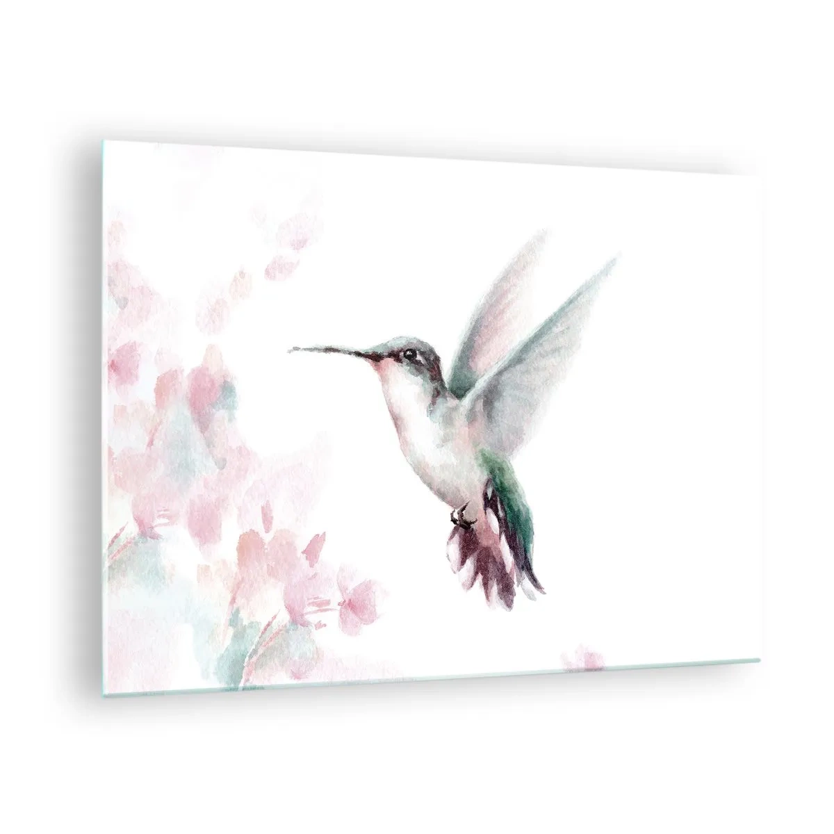 Obraz na skle - Farebný kolibrík v jemnom akvarelovom štýle - 70x50cm - Mávanie - Moderná nástenná dekorácia do obývacej izby a spálne ARTTOR