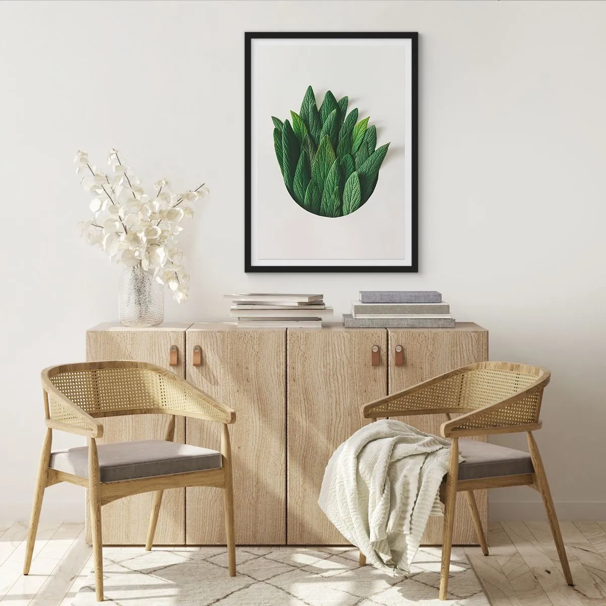 Plagát v čiernom ráme - Listy v umeleckej kompozícii na bielom pozadí - 50x70cm - Neukojiteľná zvedavosť - Moderná nástenná dekorácia do obývacej izby a spálne ARTTOR