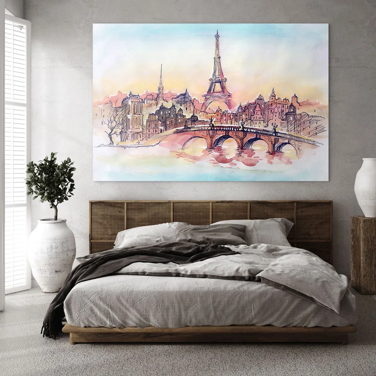 Obraz na skle - Panoráma Paríža s Eiffelovou vežou v jemnom akvarelovom štýle - 70x50cm - Jediné také mesto na svete - Moderná nástenná dekorácia do obývacej izby a spálne ARTTOR