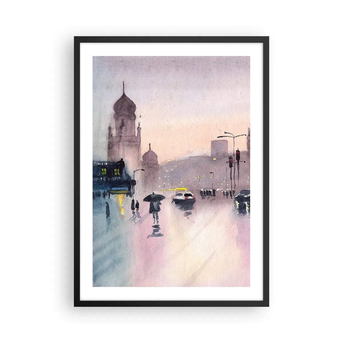 Plagát v čiernom ráme - Mestská scéna so siluetami ľudí a svetiel v dažďovej hmle - 50x70cm - V daždivom opare - Moderná nástenná dekorácia do obývacej izby a spálne ARTTOR