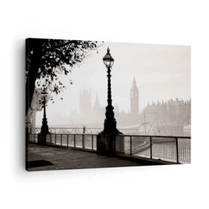 Obraz na plátne - Monochromatický pohľad na Big Ben a Temžu. - 70x50cm - Londýnske ráno - Moderná nástenná dekorácia do obývacej izby a spálne ARTTOR