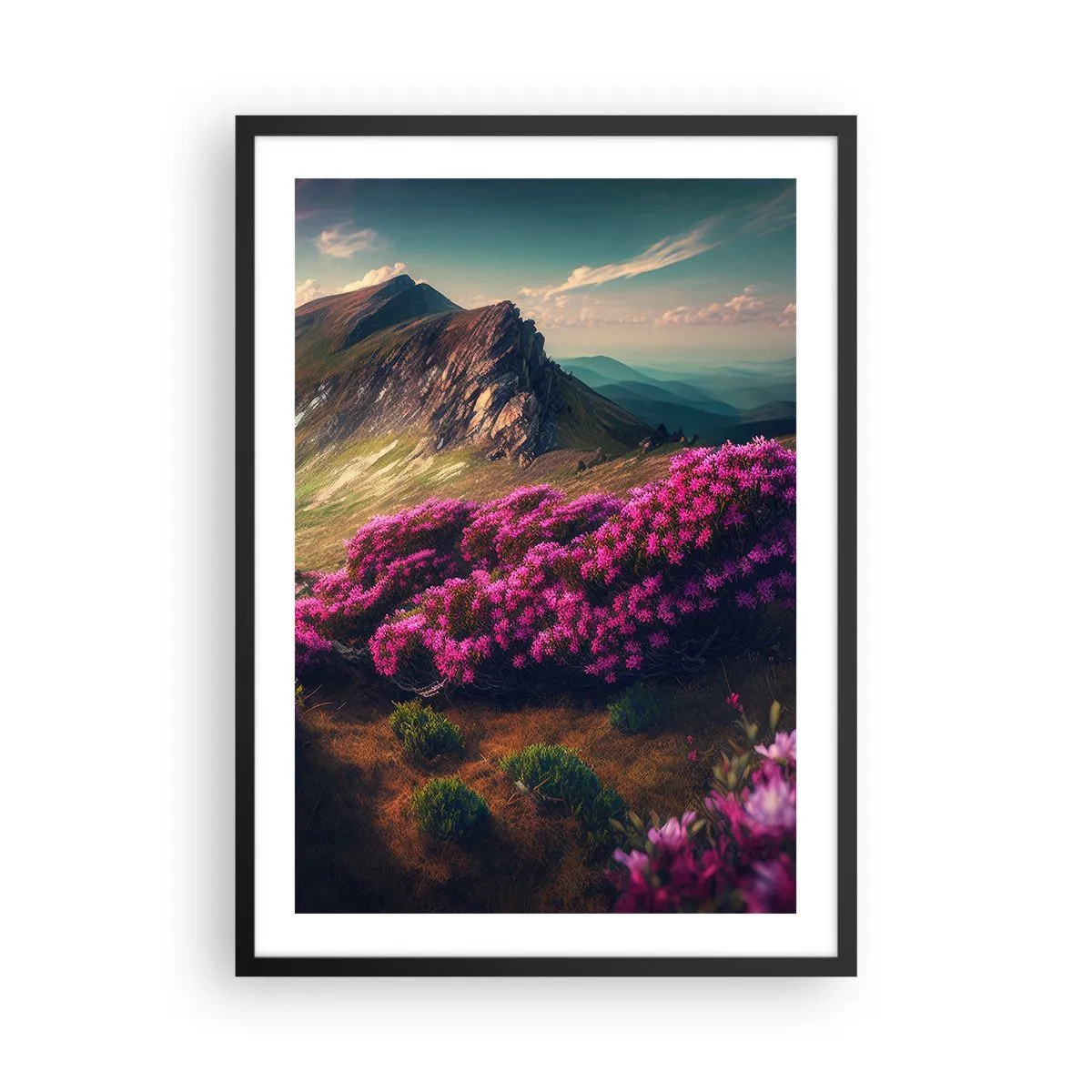 Plagát v čiernom ráme - Horská krajina s kvitnúcimi rododendronmi - 50x70cm - Leto na horách - Moderná nástenná dekorácia do obývacej izby a spálne ARTTOR
