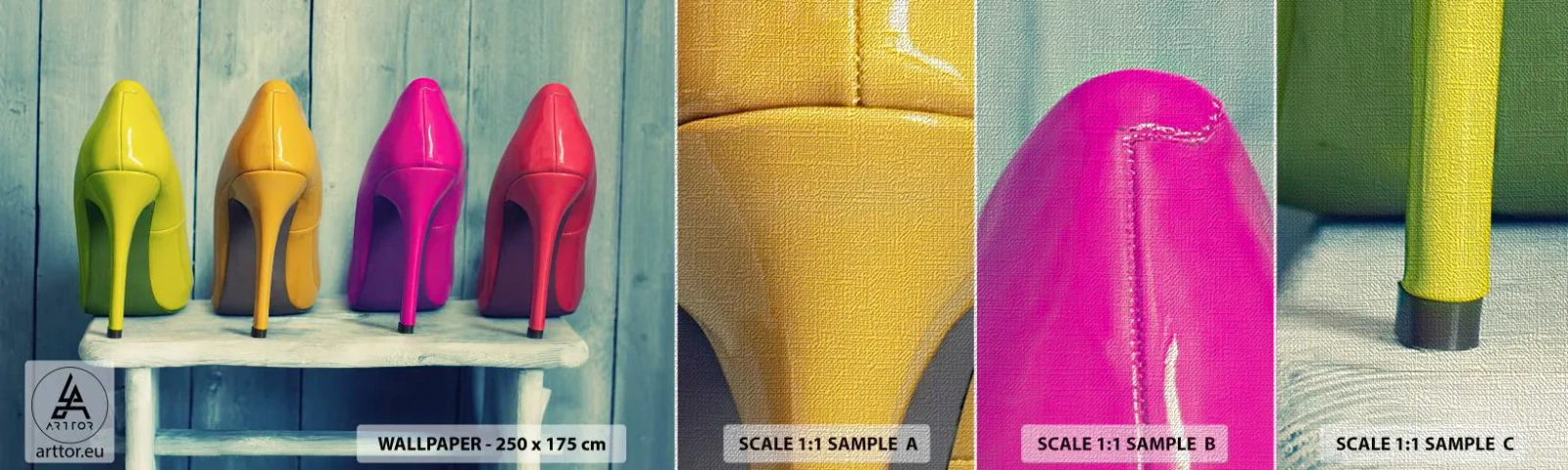 Vzorka fototapety Premium Canvas - Prechádzkou po dúhe - Móda, Žena, Dámske topánky - 100x30 cm