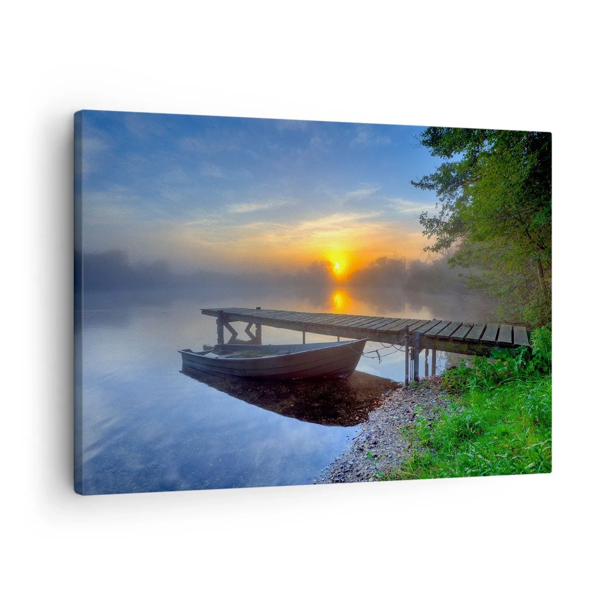 Obraz na plátne - Mólo pri jazere pri východe slnka s loďou na brehu - 70x50cm - Ako sa obyčajné mení na kúzelné - Moderná nástenná dekorácia do obývacej izby a spálne ARTTOR