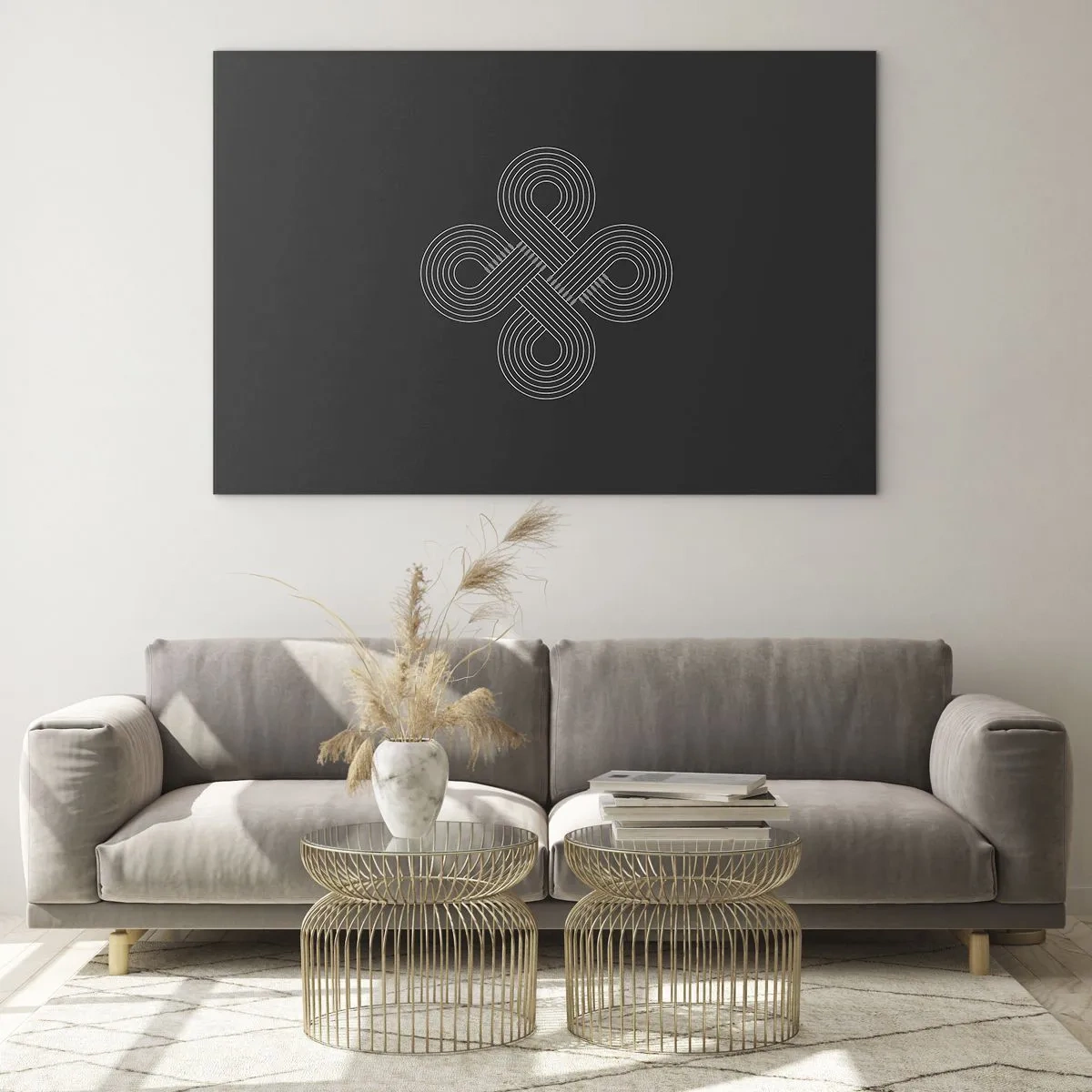 Obraz na skle - Minimalistický biely keltský symbol na čiernom pozadí - 70x50cm - V keltskom duchu - Moderná nástenná dekorácia do obývacej izby a spálne ARTTOR