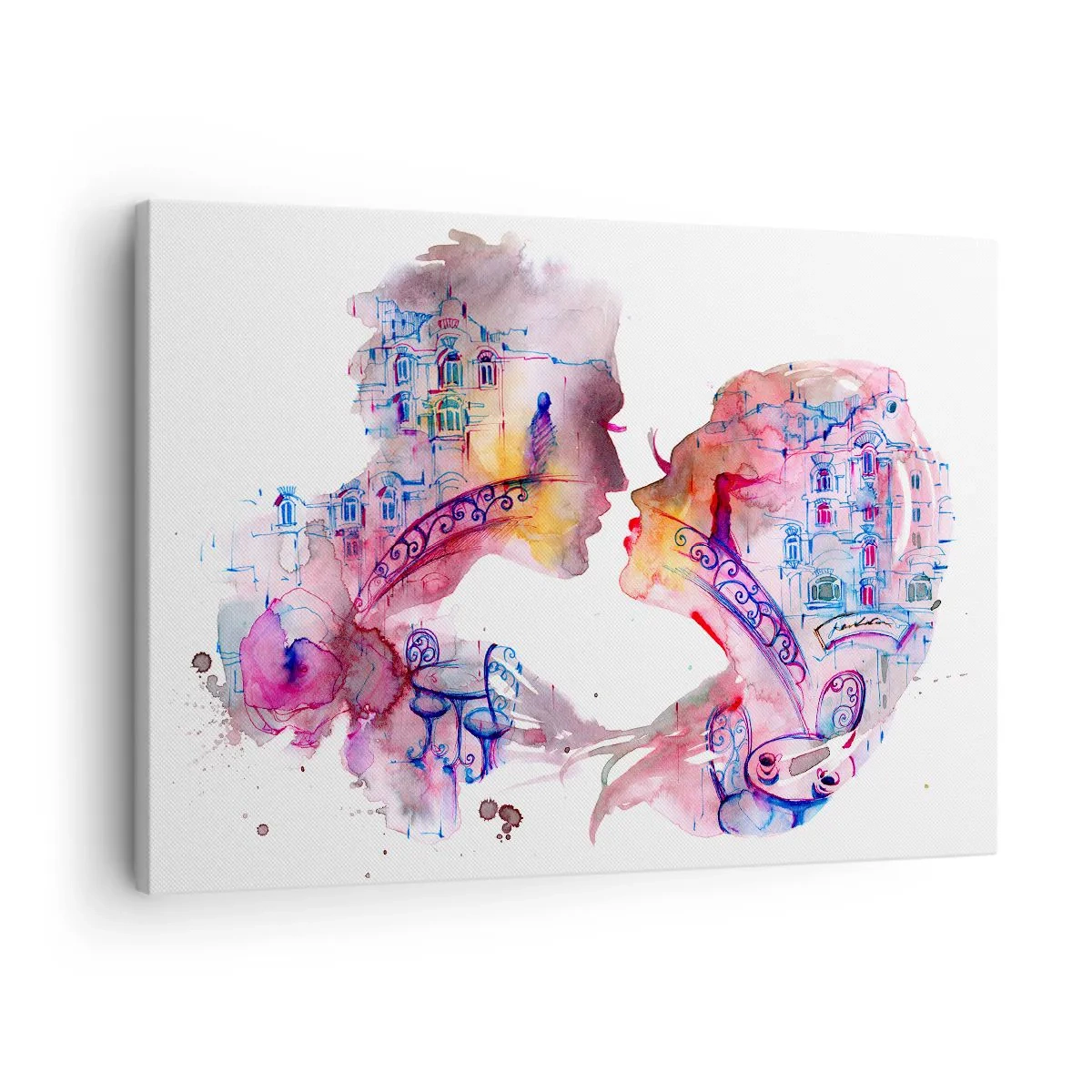 Obraz na plátne - Romantický akvarel zobrazujúci siluety milencov - 70x50cm - Tajomný most vzdychania - Moderná nástenná dekorácia do obývacej izby a spálne ARTTOR