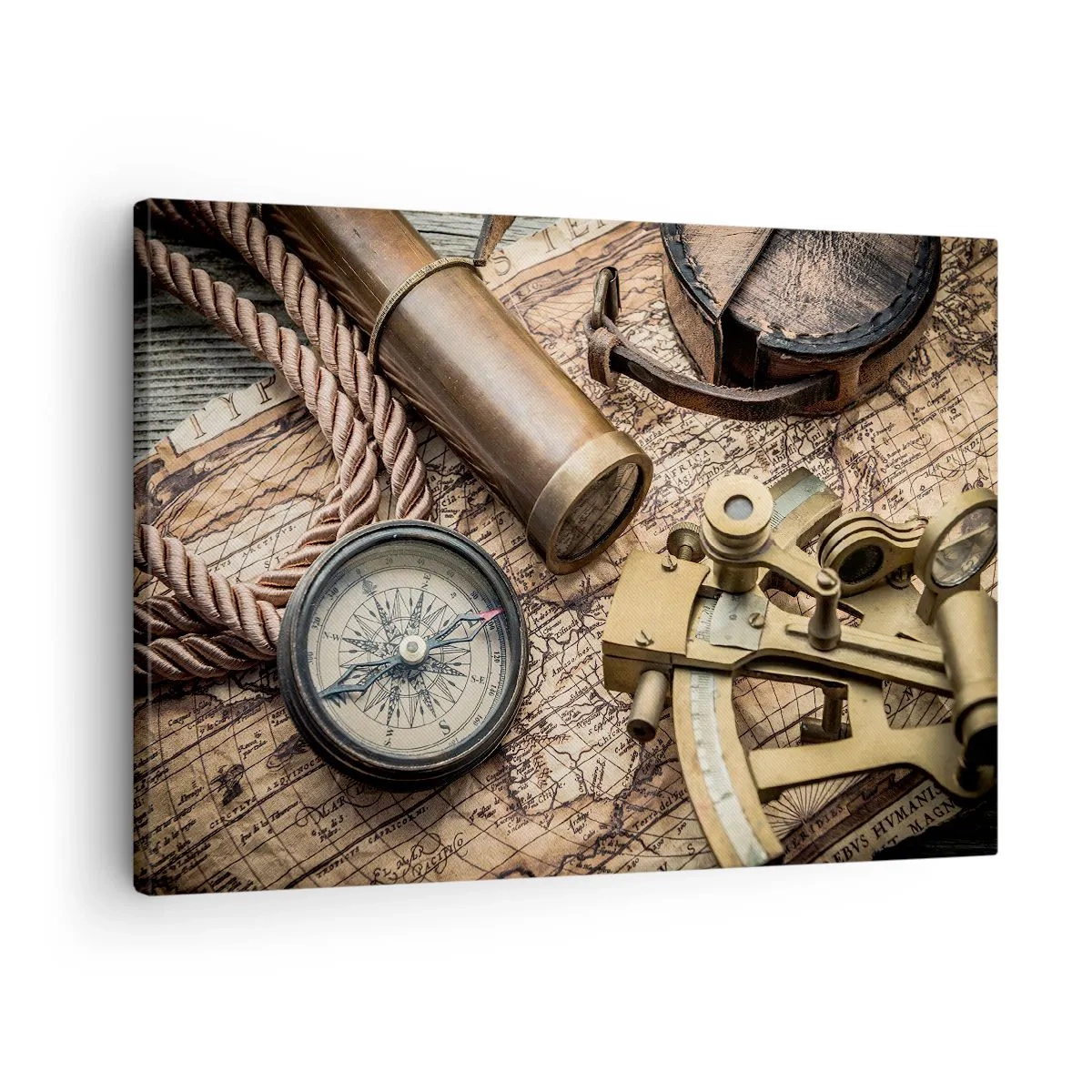Obraz na plátne - Kompas, sextant a ďalekohľad na pozadí starej mapy a námorného lana. - 70x50cm - Urči smer - Moderná nástenná dekorácia do obývacej izby a spálne ARTTOR