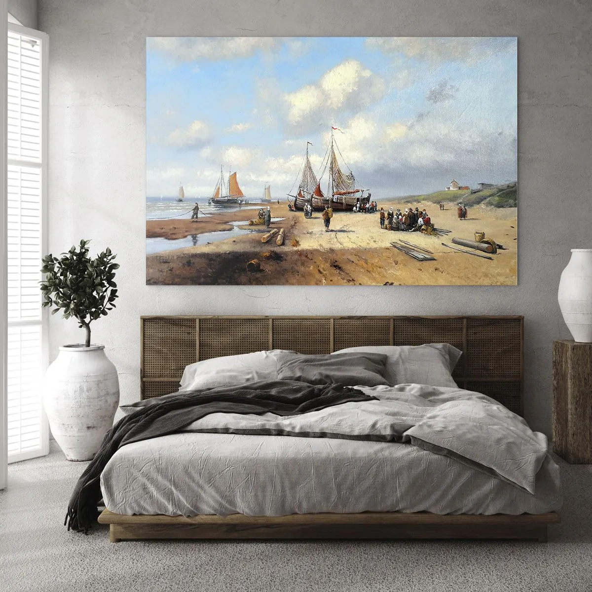 Obraz na skle - Plážová scéna s rybárskymi loďami a ľuďmi, ktorí lovia ryby - 70x50cm - Po úspešnom rybolove - Moderná nástenná dekorácia do obývacej izby a spálne ARTTOR