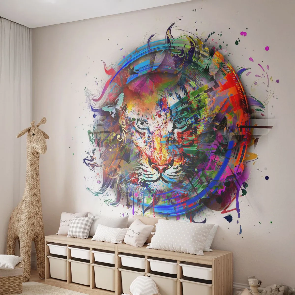 Samolepiaca Fototapeta Deluxe Sticker - Skrýva sa za dúhovým závojom - Abstrakcia, Tiger, Grafika - 250x175 cm