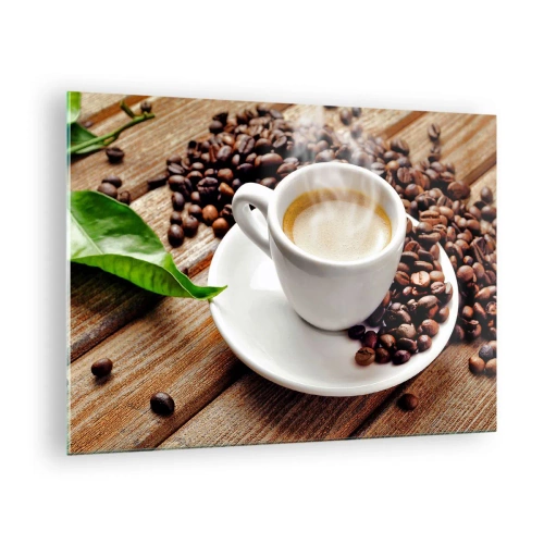 Obraz na skle - Šálka kávy obklopená zrnami na drevenom stole - 70x50cm - Káva na lavici - Moderná nástenná dekorácia do obývacej izby a spálne ARTTOR