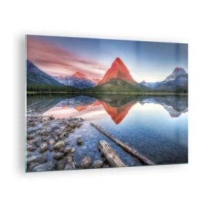 Obraz na skle - Vrchol hory odrážajúci sa v pokojnom jazere - 70x50cm - Teplo a chlad - Moderná nástenná dekorácia do obývacej izby a spálne ARTTOR