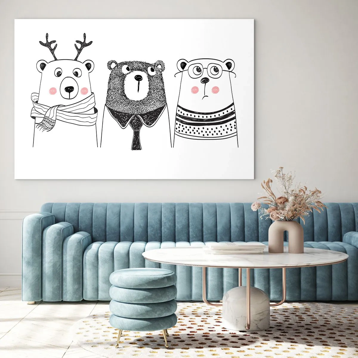 Obraz na skle - Tri vtipné medvede v čiernobielej ilustrácii - 70x50cm - Medveď, medvedík a macko - Moderná nástenná dekorácia do obývacej izby a spálne ARTTOR
