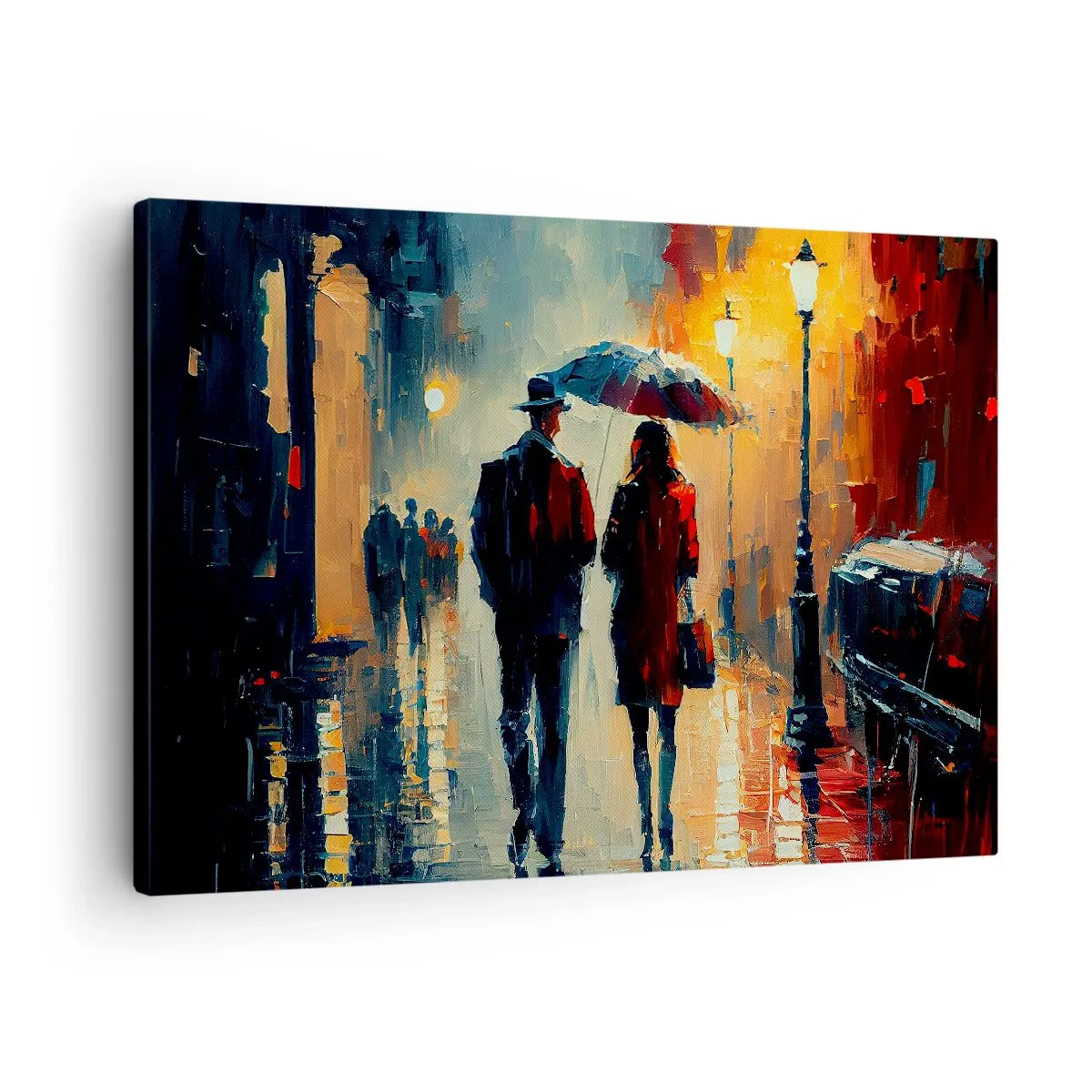 Obraz na plátne - Prechádzka v daždi pod dáždnikom v meste v noci - 70x50cm - Mestská love story - Moderná nástenná dekorácia do obývacej izby a spálne ARTTOR