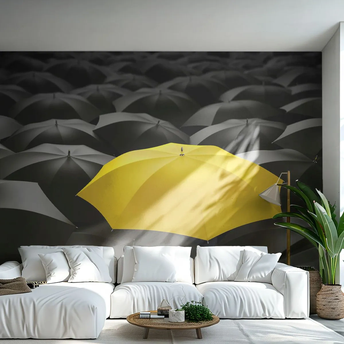Samolepiaca Fototapeta Deluxe Sticker - Zbohom smútku - Žlté dáždniky, Grafika, koncepcia - 250x175 cm
