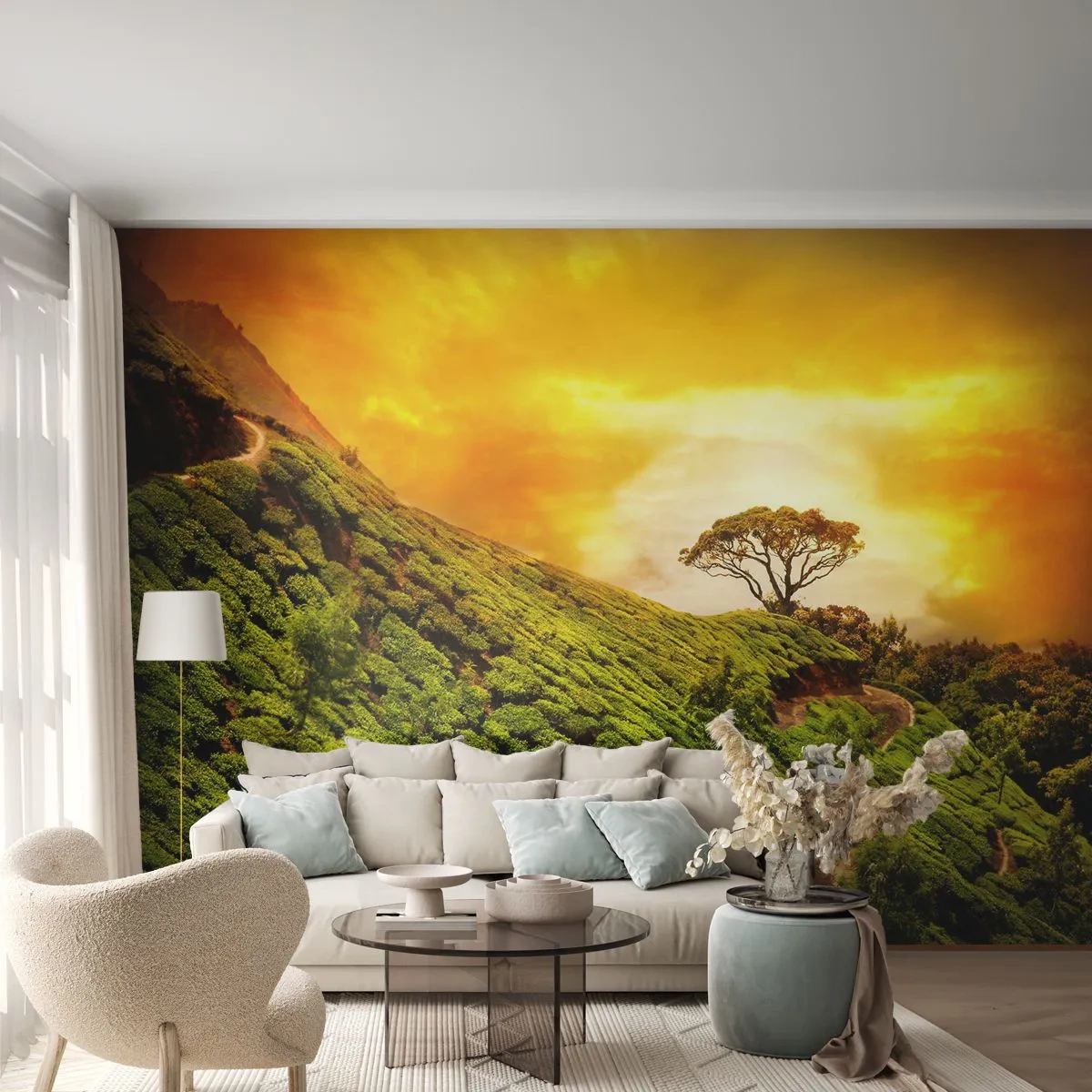 Samolepiaca Fototapeta Deluxe Sticker - Kľukatým chodníkom, zeleným úbočím - Krajina, Čajová plantáž, India - 250x175 cm