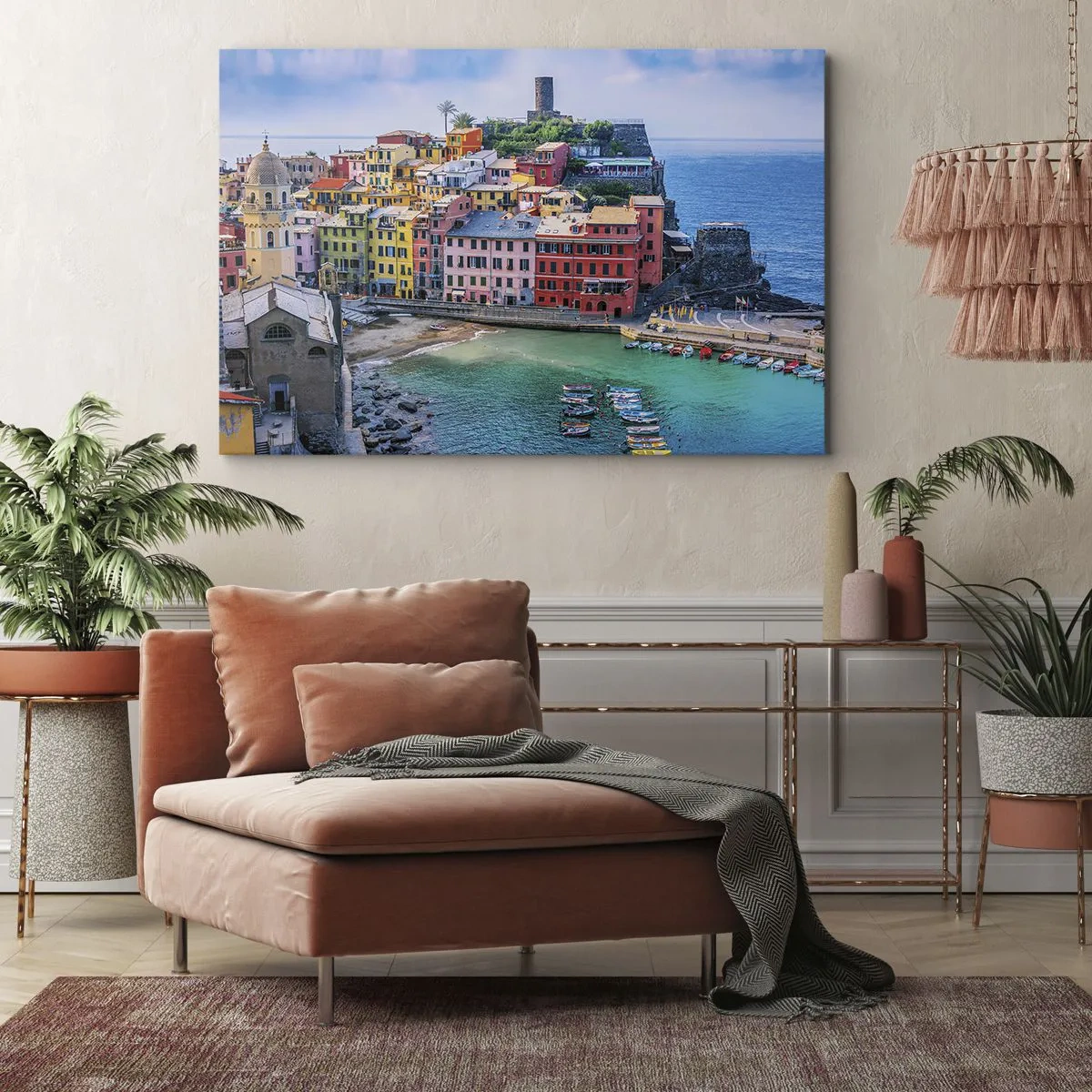 Obraz na plátne - Farebné prímorské mesto s malebným prístavom - 70x50cm - Stredomorské kúzelné mestečko - Moderná nástenná dekorácia do obývacej izby a spálne ARTTOR