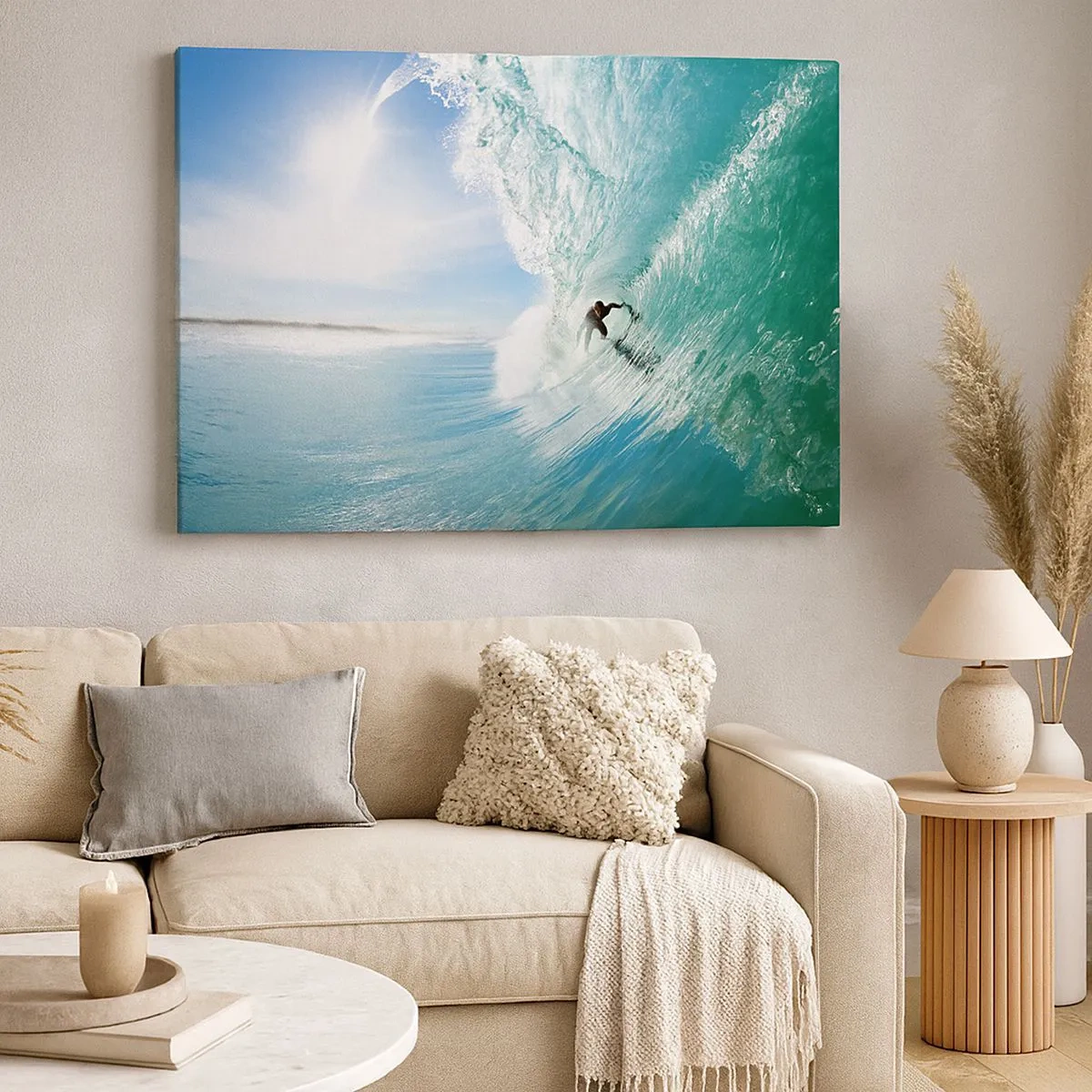 Obraz na plátne - Surfer jazdiaci na vlne na slnku proti modrej oblohe - 70x50cm - Vždy na povrchu - Moderná nástenná dekorácia do obývacej izby a spálne ARTTOR