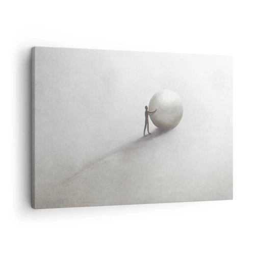 Obraz na plátne - Minimalistická postava s loptou na svetlom, monochromatickom pozadí. - 70x50cm - Hra života - Moderná nástenná dekorácia do obývacej izby a spálne ARTTOR