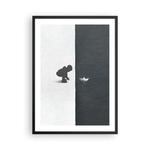 Plagát v čiernom ráme - Dieťa sa nakláňa nad vodu s papierovou loďkou - 50x70cm - Veľká výprava - Moderná nástenná dekorácia do obývacej izby a spálne ARTTOR