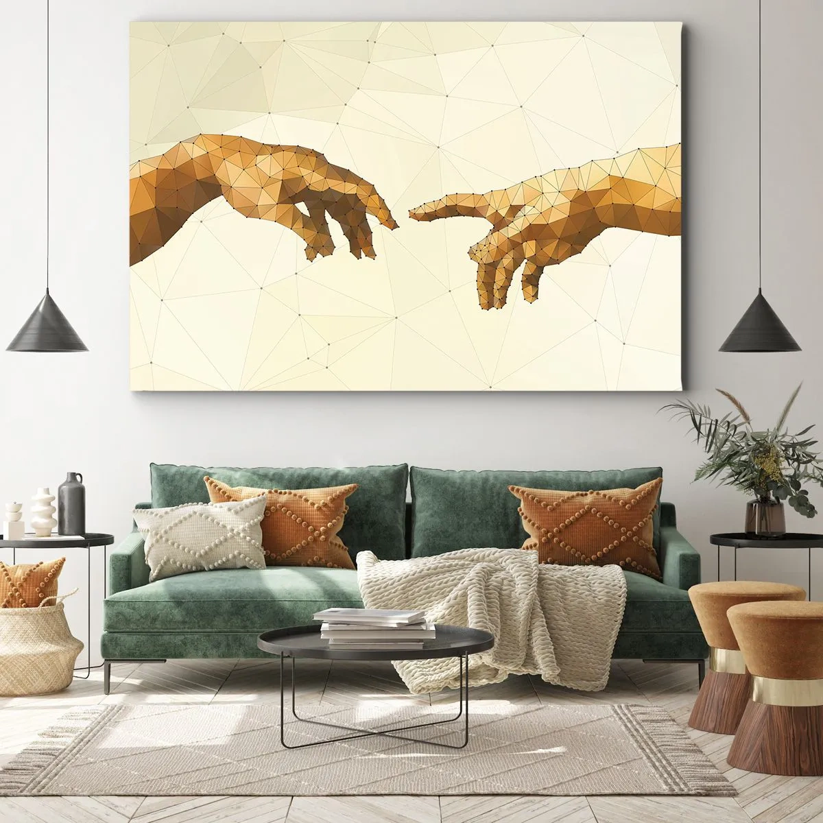 Obraz na plátne - Geometrické ruky naťahujúce sa k sebe na svetlom pozadí - 70x50cm - Božská geometria - Moderná nástenná dekorácia do obývacej izby a spálne ARTTOR