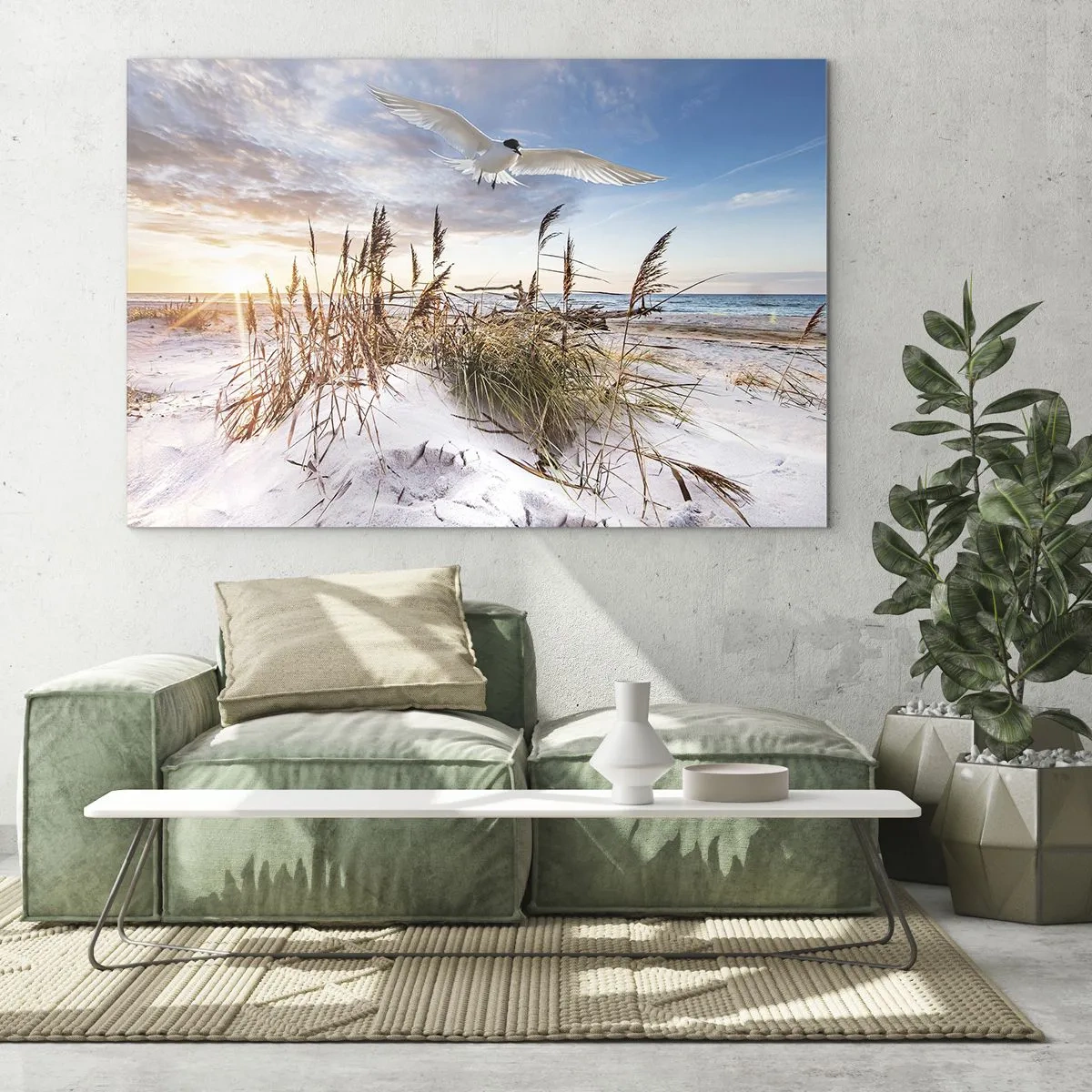 Obraz na skle - Vták letiaci nad dunami pri západe slnka - 70x50cm - Vietor od mora - Moderná nástenná dekorácia do obývacej izby a spálne ARTTOR