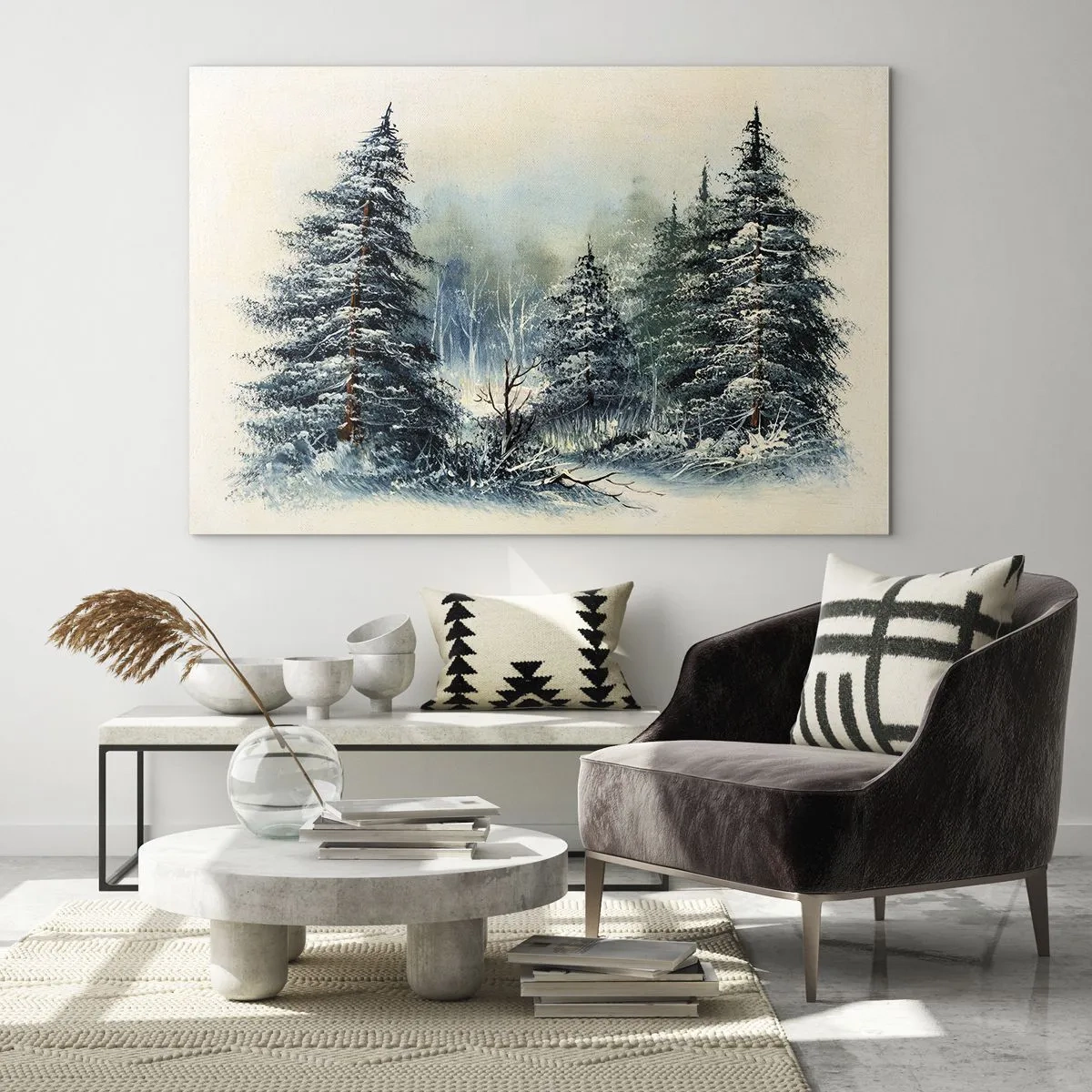 Obraz na skle - Zimný les so zasneženými stromami na pozadí oblohy - 70x50cm - Pripravenie na Vianoce - Moderná nástenná dekorácia do obývacej izby a spálne ARTTOR