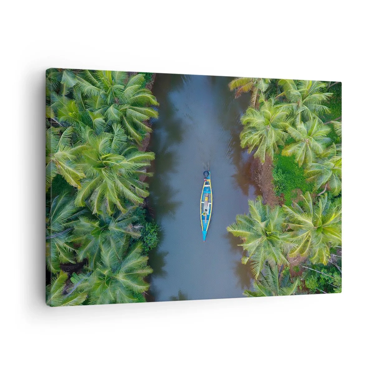 Obraz na plátne - Pohľad z vtáčej perspektívy na loď na rieke obklopenej palmami - 70x50cm - Na tropickom chodníku - Moderná nástenná dekorácia do obývacej izby a spálne ARTTOR