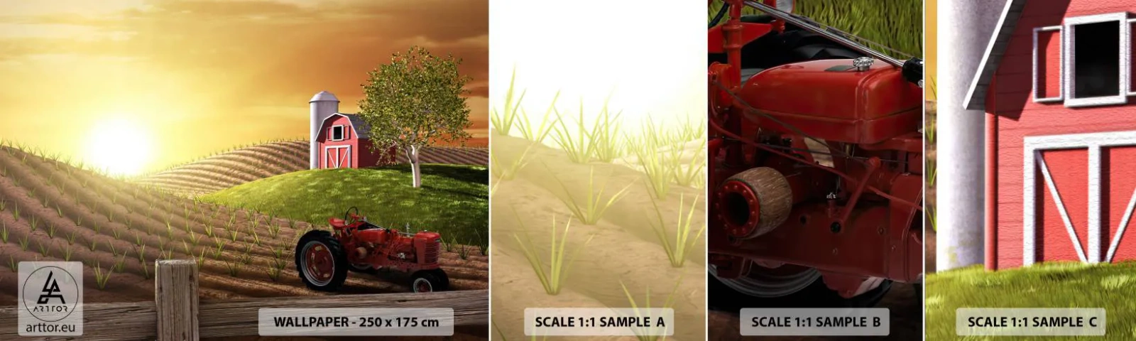 Vzorka samolepiacej fototapety Deluxe Sticker - Farma ako z rozprávky - Farma, Krajina, Traktor - 100x30 cm