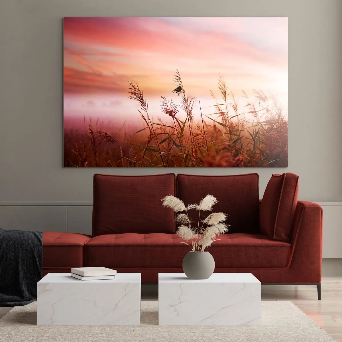 Obraz na skle - Lúka v rannej hmle s pastelovou oblohou - 70x50cm - Draci, púpavy a vietor - Moderná nástenná dekorácia do obývacej izby a spálne ARTTOR