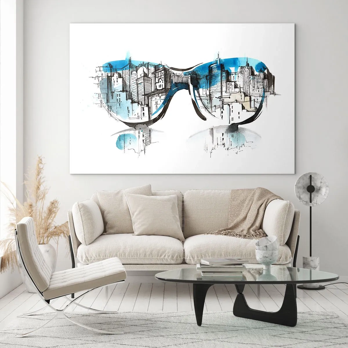 Obraz na skle - Panoráma mesta sa odráža v slnečných okuliaroch - 70x50cm - Veľkomestská elegancia - Moderná nástenná dekorácia do obývacej izby a spálne ARTTOR