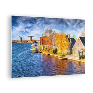 Obraz na skle - Malebné holandské domy na nábreží s veternými mlynmi - 70x50cm - Od storočí bez zmien - Moderná nástenná dekorácia do obývacej izby a spálne ARTTOR