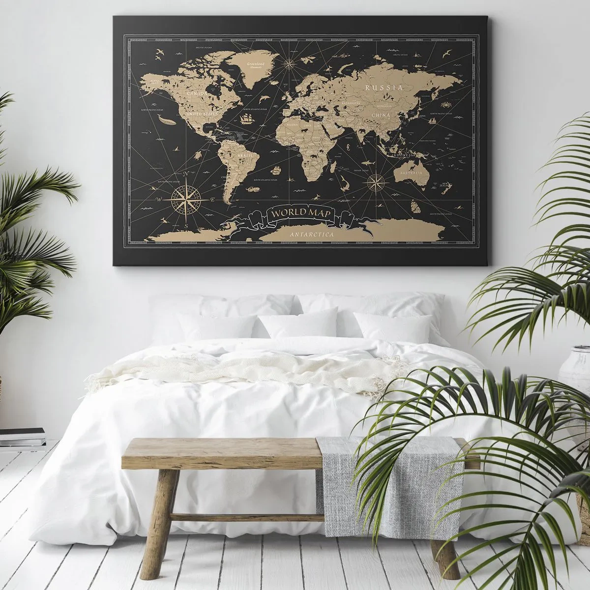 Obraz na plátne - Štylizovaná mapa sveta na čiernom pozadí s béžovými akcentmi. - 70x50cm - Hranice môjho sveta - Moderná nástenná dekorácia do obývacej izby a spálne ARTTOR