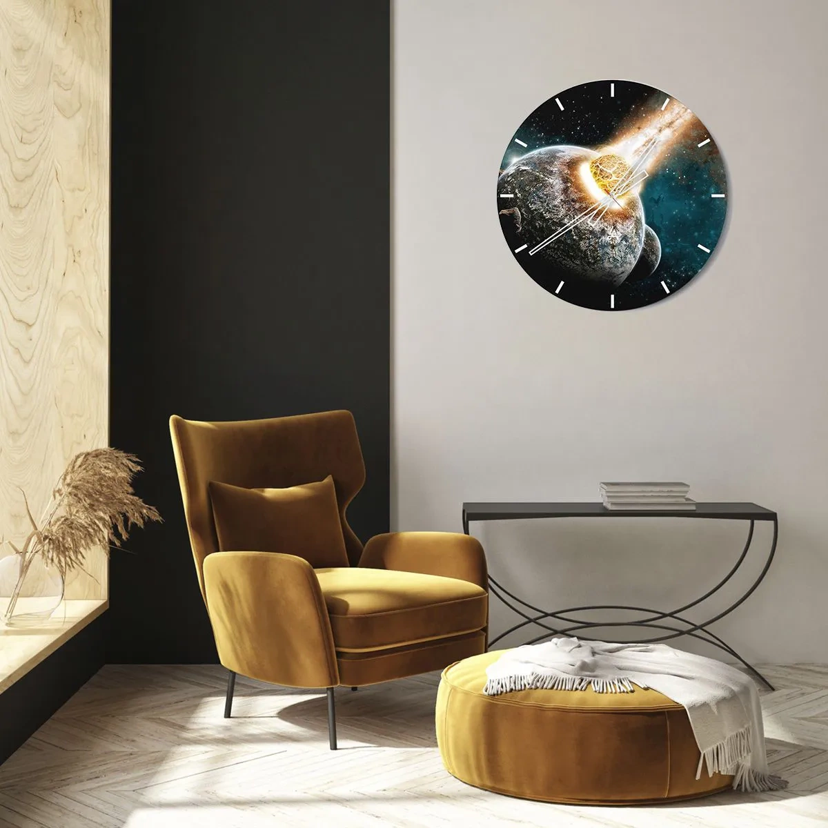 Nástenné hodiny - Zem a meteorit v kozmickej explózii - 30x30cm - Skaza alebo narodenie? - Moderná nástenná dekorácia do obývacej izby, kuchyne a spálne ARTTOR