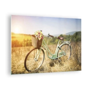 Obraz na skle - Retro bicykel s kvetmi na pozadí prírodného prostredia - 70x50cm - Chvíľu tu zostanem - Moderná nástenná dekorácia do obývacej izby a spálne ARTTOR
