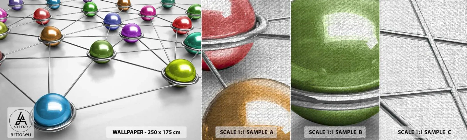 Vzorka fototapety Premium Canvas - Vesmírna pavučina - Abstrakcia, Kovové gule, 3D - 100x30 cm