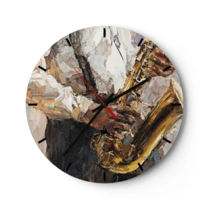 Nástenné hodiny - Umelecký obraz zobrazujúci hudobníka hrajúceho na saxofón - 30x30cm - Čas na sólovú hru - Moderná nástenná dekorácia do obývacej izby, kuchyne a spálne ARTTOR