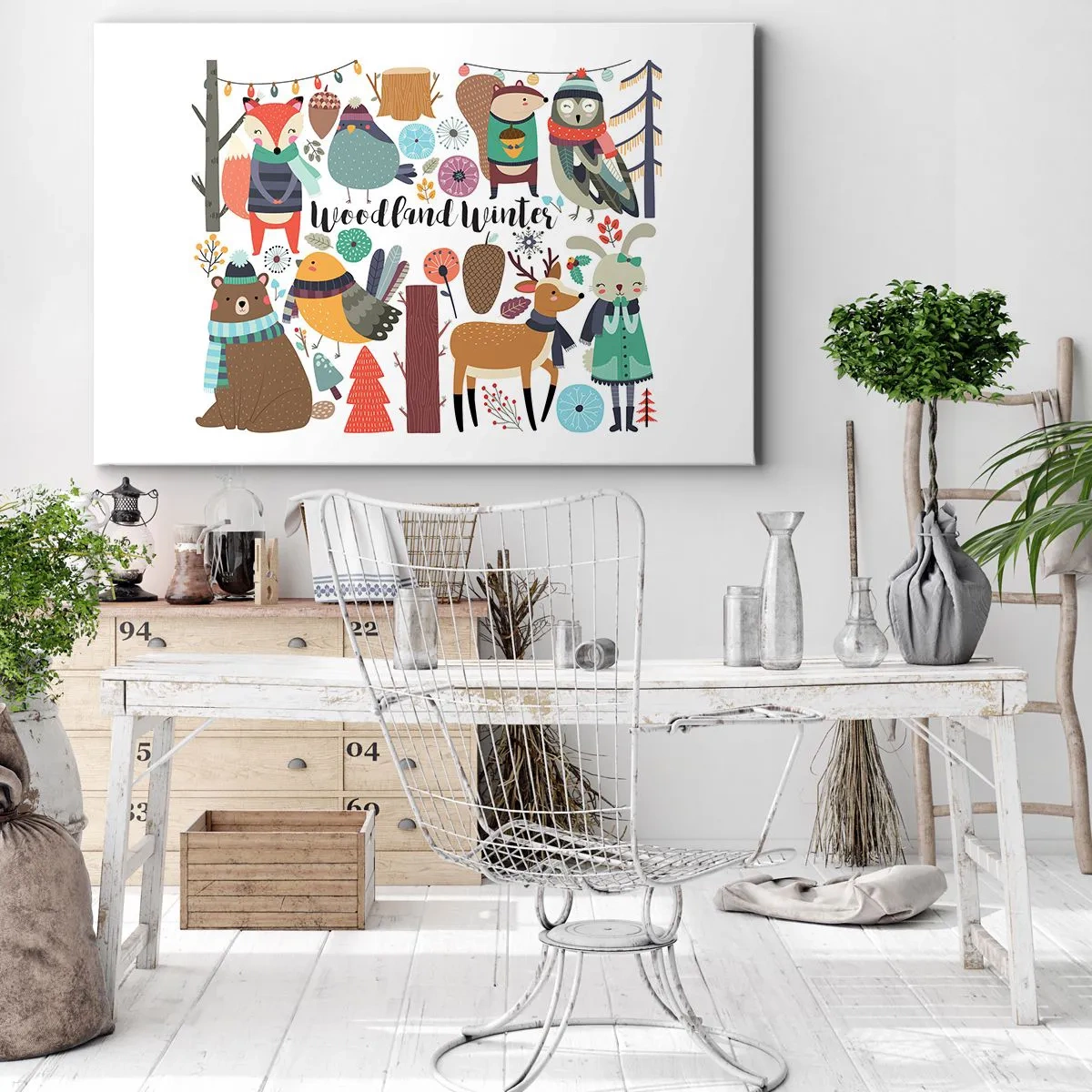 Obraz na plátne - Zimné lesné zvieratá vo farebnej grafike - 70x50cm - Rozprávkové sviatky v lese - Moderná nástenná dekorácia do obývacej izby a spálne ARTTOR