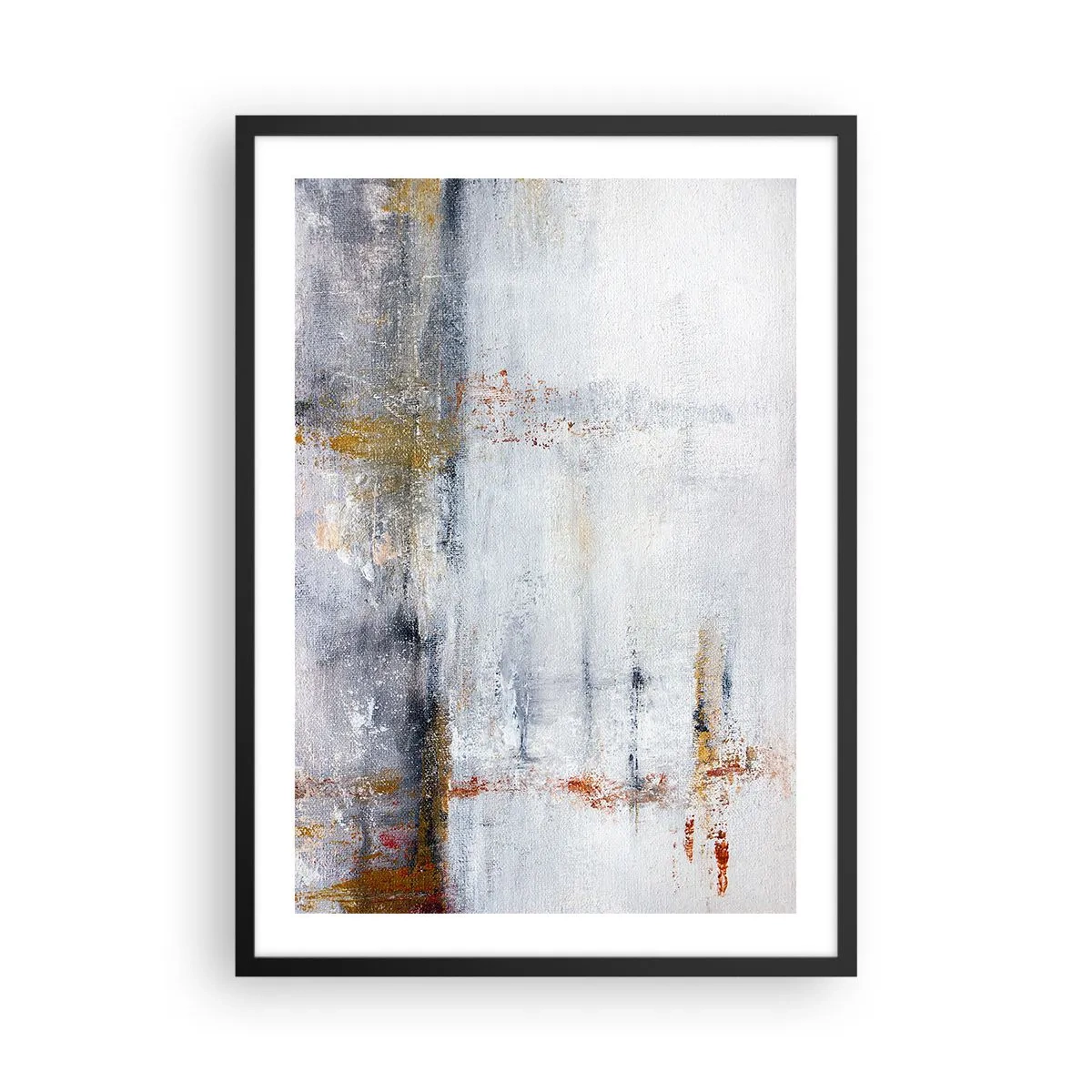 Plagát v čiernom ráme - Abstraktná kompozícia s odtieňmi sivej, bielej a zlatej. - 50x70cm - Za závojom vzduchu - Moderná nástenná dekorácia do obývacej izby a spálne ARTTOR