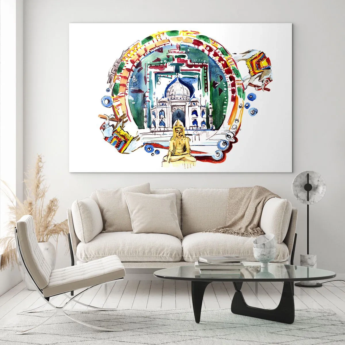 Obraz na skle - Farebná ilustrácia indických pamiatok v akvarelovom štýle - 70x50cm - Indická rovnováha sveta - Moderná nástenná dekorácia do obývacej izby a spálne ARTTOR