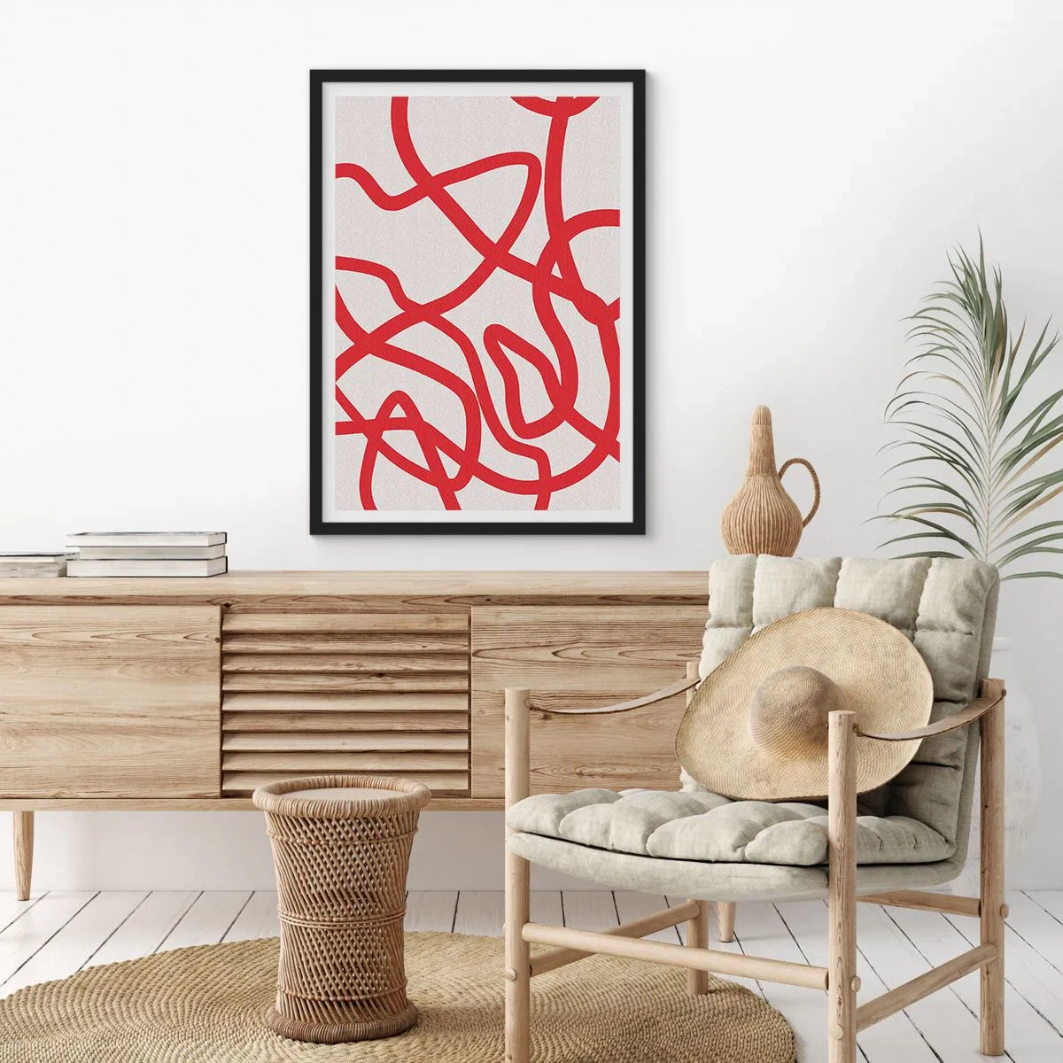 Plagát v čiernom ráme - Abstraktná kompozícia dynamických červených čiar na svetlom pozadí. - 50x70cm - Červené na bielom - Moderná nástenná dekorácia do obývacej izby a spálne ARTTOR