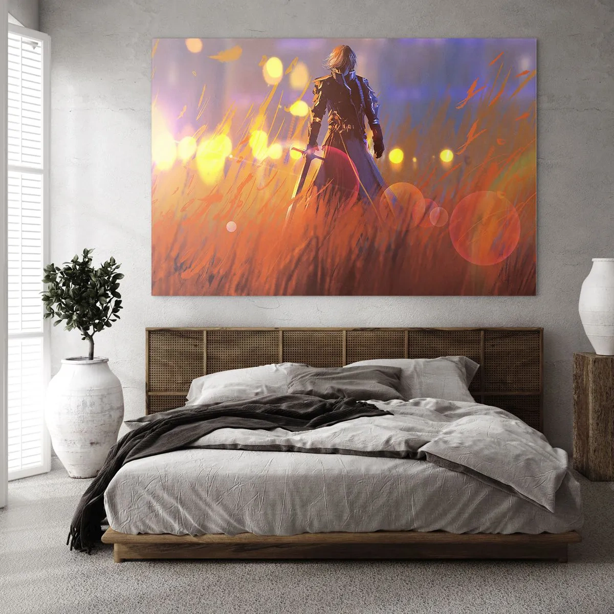 Obraz na skle - Postava v brnení medzi oranžovou trávou so svietiacim pozadím. - 70x50cm - Bludný rytier - Moderná nástenná dekorácia do obývacej izby a spálne ARTTOR
