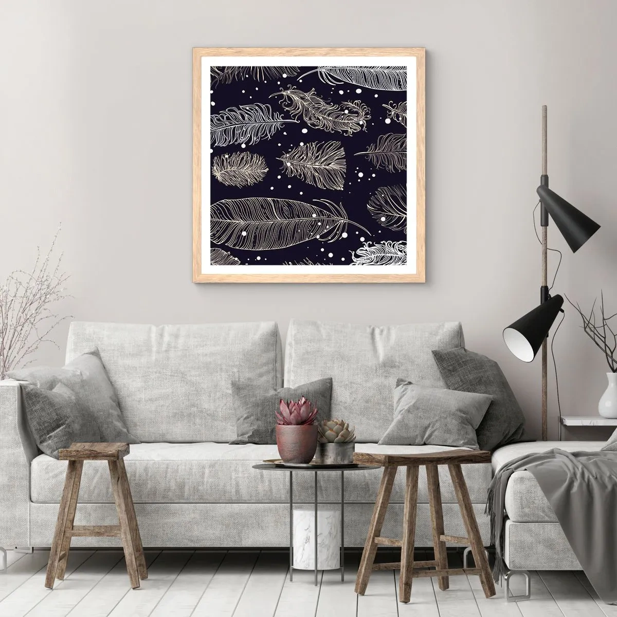 Plagát v ráme zo svetlého duba - Čipka s perím - 50x50 cm
