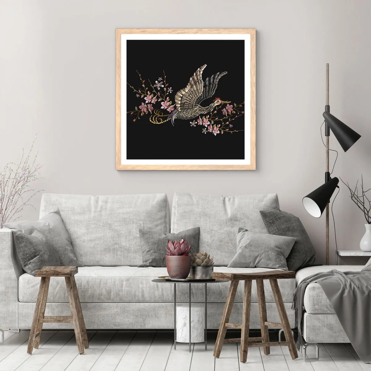 Plagát v ráme zo svetlého duba - Exotický vyšívaný vták - 30x30 cm