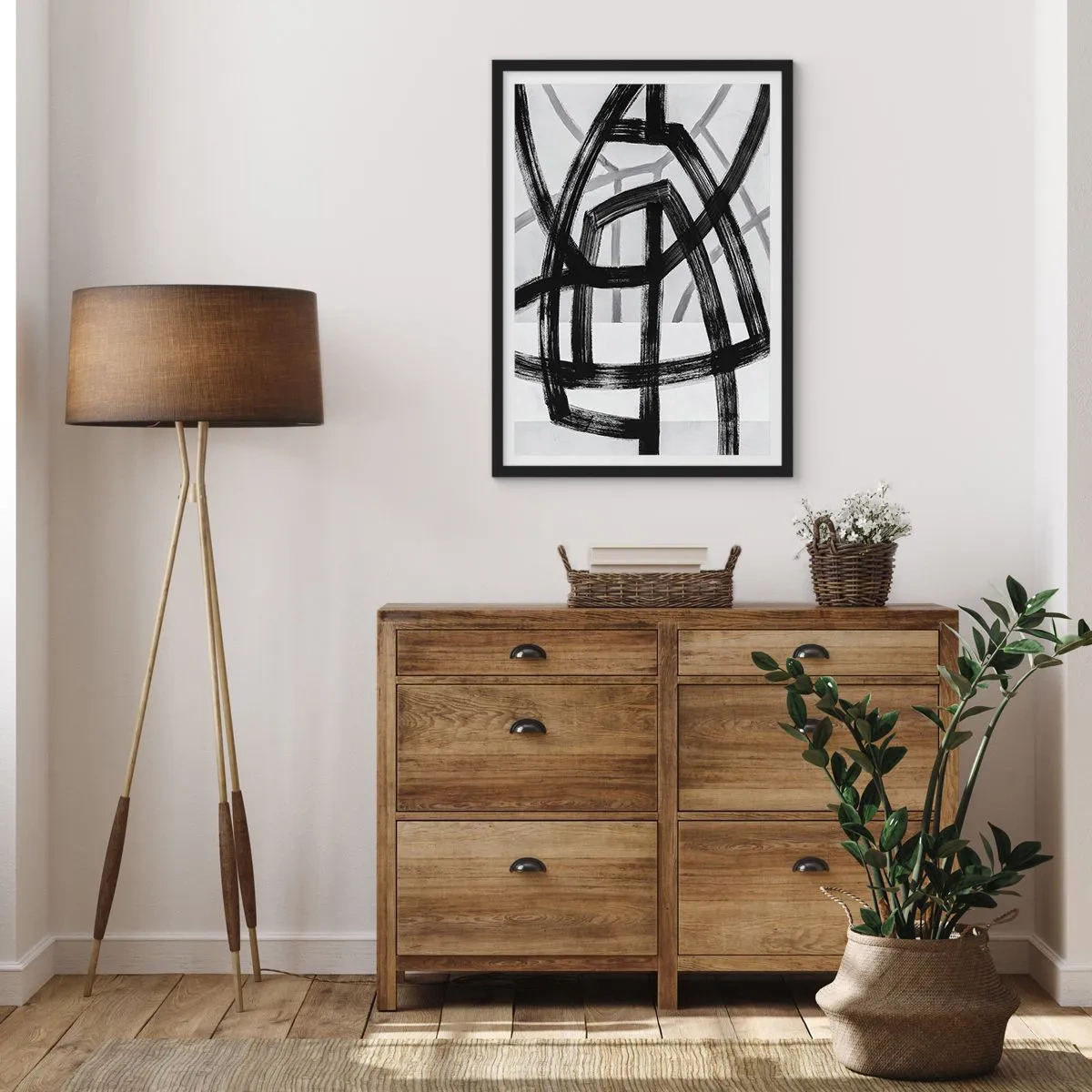 Plagát v čiernom ráme - Geometrické čierne čiary na svetlom pozadí v abstraktnej kompozícii - 50x70cm - Hĺbka - Moderná nástenná dekorácia do obývacej izby a spálne ARTTOR